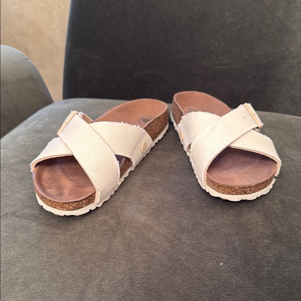 Birkenstock Cream and Brown Sandals with Criss-Cross Straps
